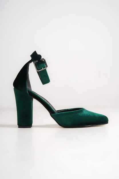 DARK GREEN VELVET ANKLE STRAPS VEGAN BLOCK HEELS SHOES Sample Product