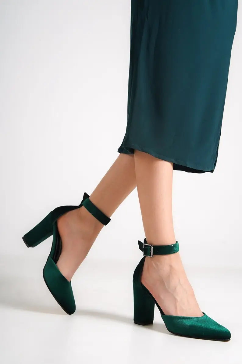 DARK GREEN VELVET ANKLE STRAPS VEGAN BLOCK HEELS SHOES Sample Product