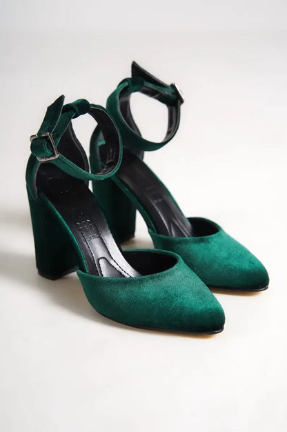 DARK GREEN VELVET ANKLE STRAPS VEGAN BLOCK HEELS SHOES Sample Product