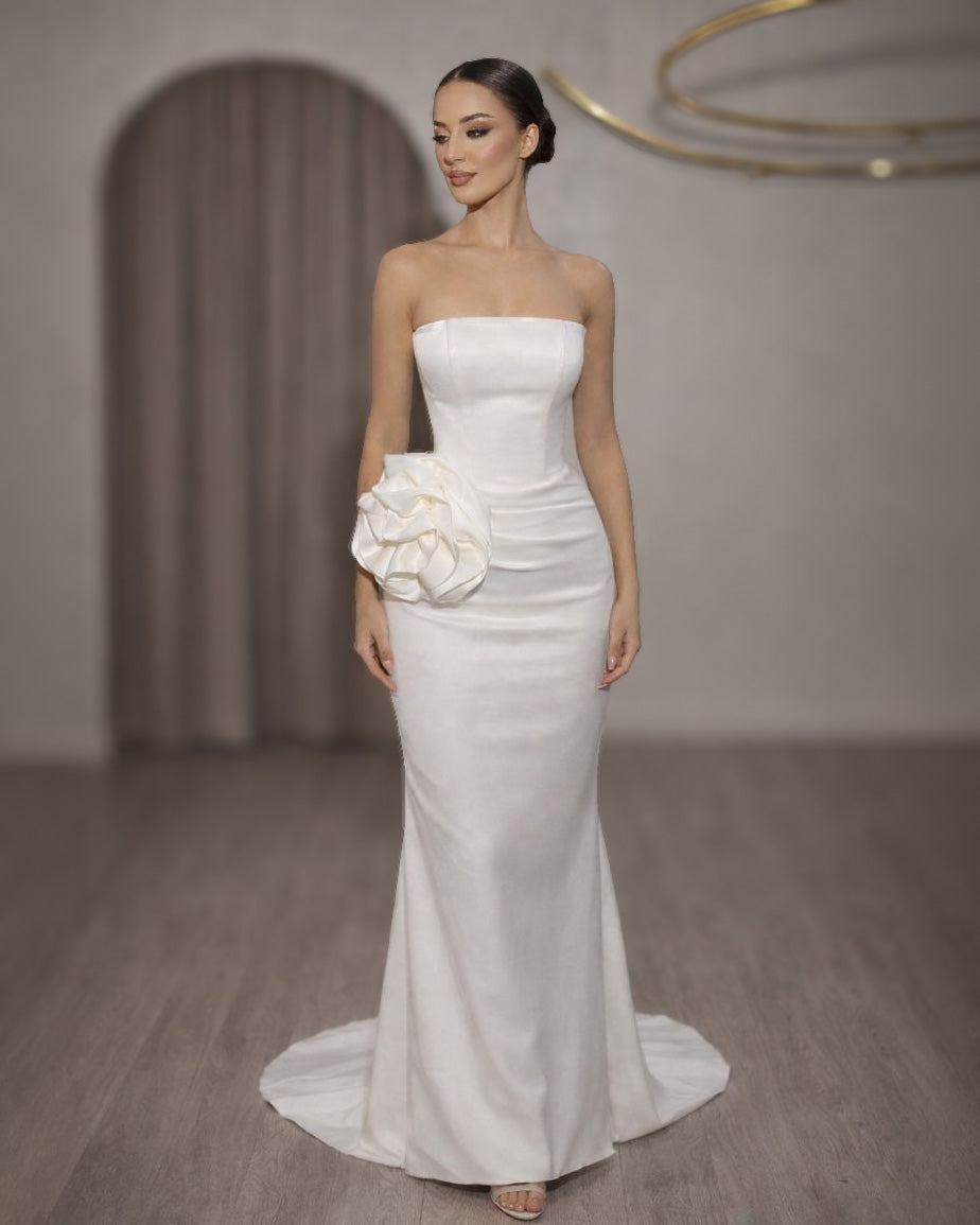 Ivory Strapless Column Bridal Gown with Sculpted Floral Accent - SimmiUnique
