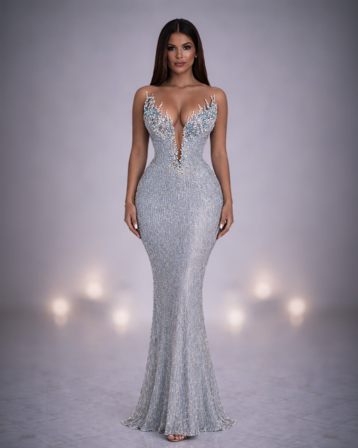 Ice Blue Crystal Beaded Illusion Evening Gown - SimmiUnique
