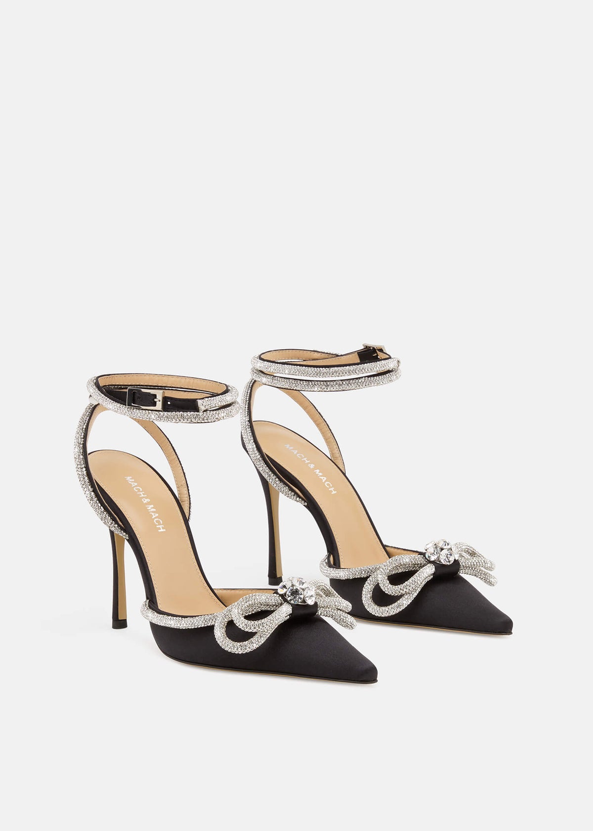 Gaia Black Double Bow Pumps – side profile showing double bow, crystal, satin, black, SimmiUnique