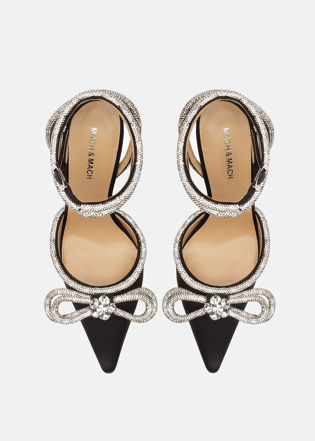 Gaia Black Double Bow Pumps – crystal detail view showing double bow, crystal, satin, black, SimmiUnique