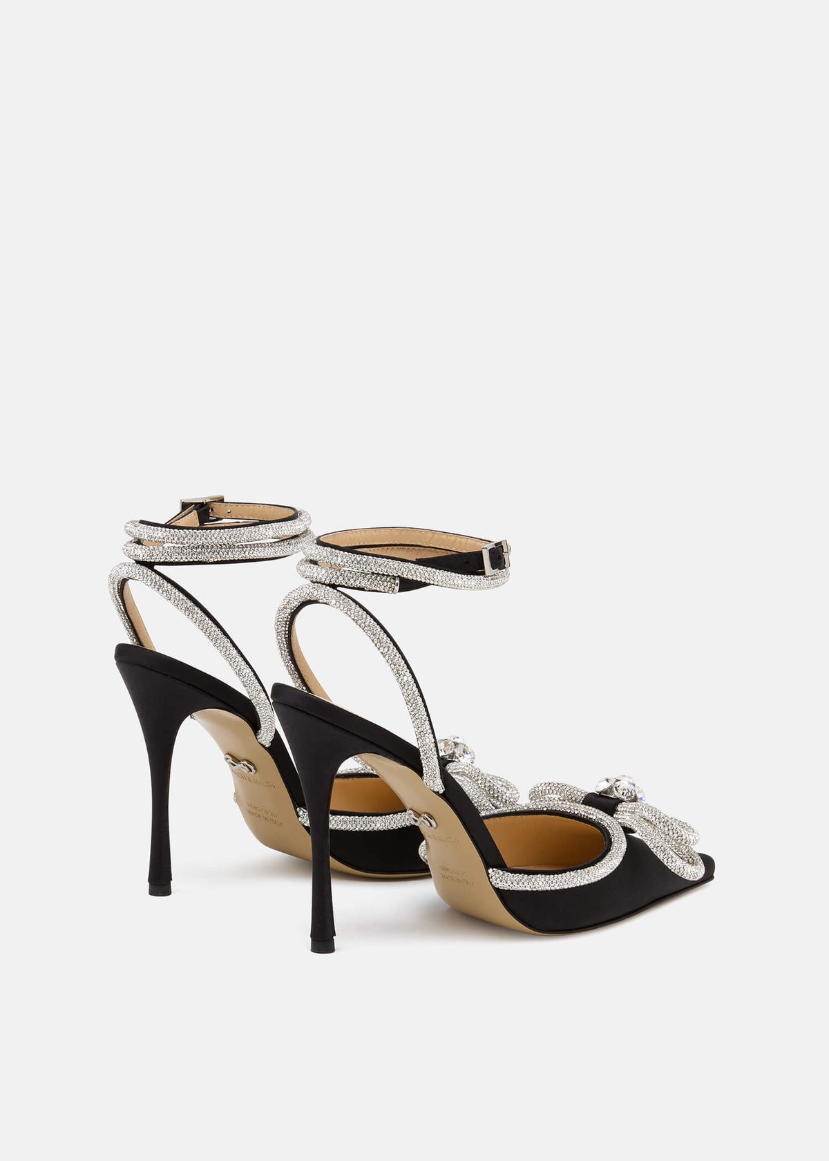 Gaia Black Double Bow Pumps – heel view showing double bow, crystal, satin, black, SimmiUnique