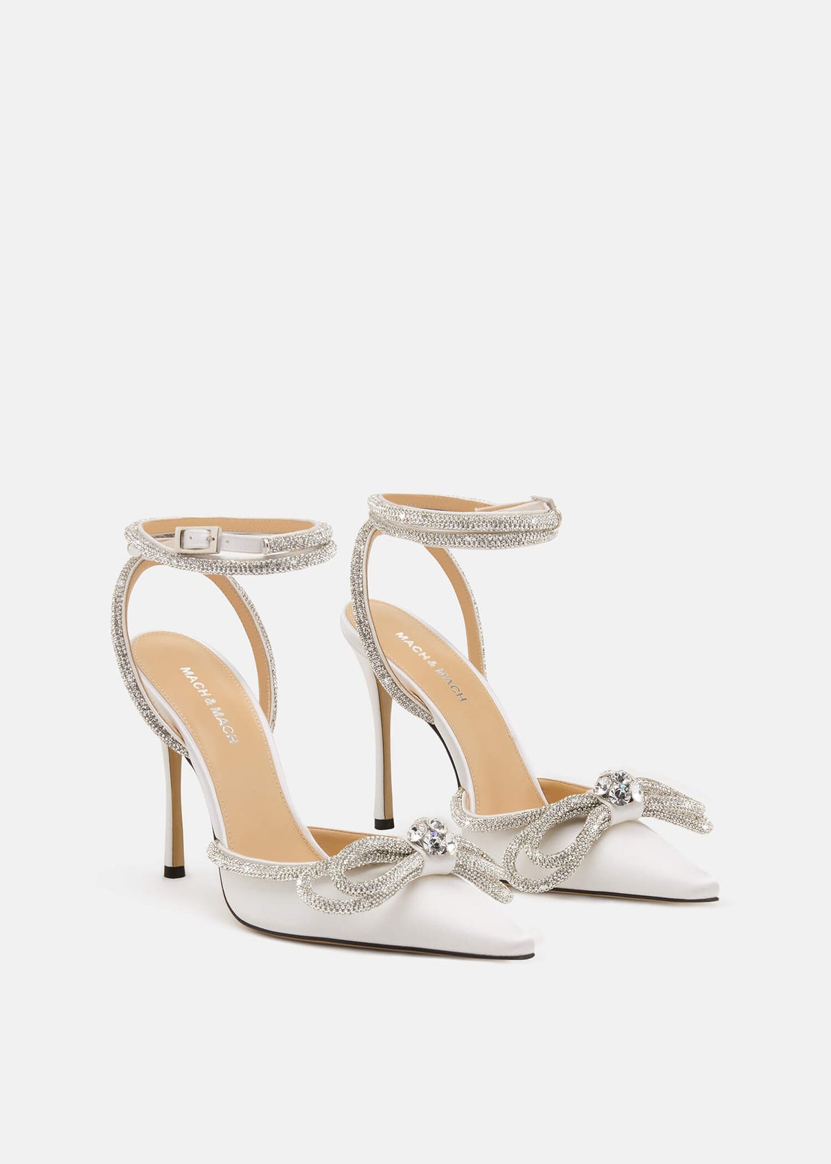Freya White Double Bow Pumps – side profile showing double bow, crystal, satin, white, SimmiUnique