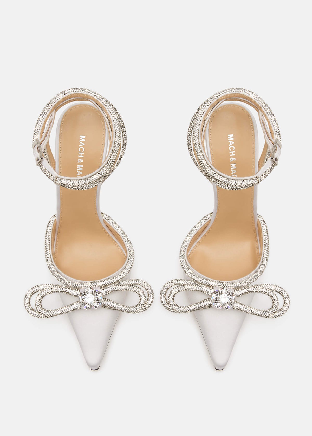 Freya White Double Bow Pumps – crystal detail view showing double bow, crystal, satin, white, SimmiUnique