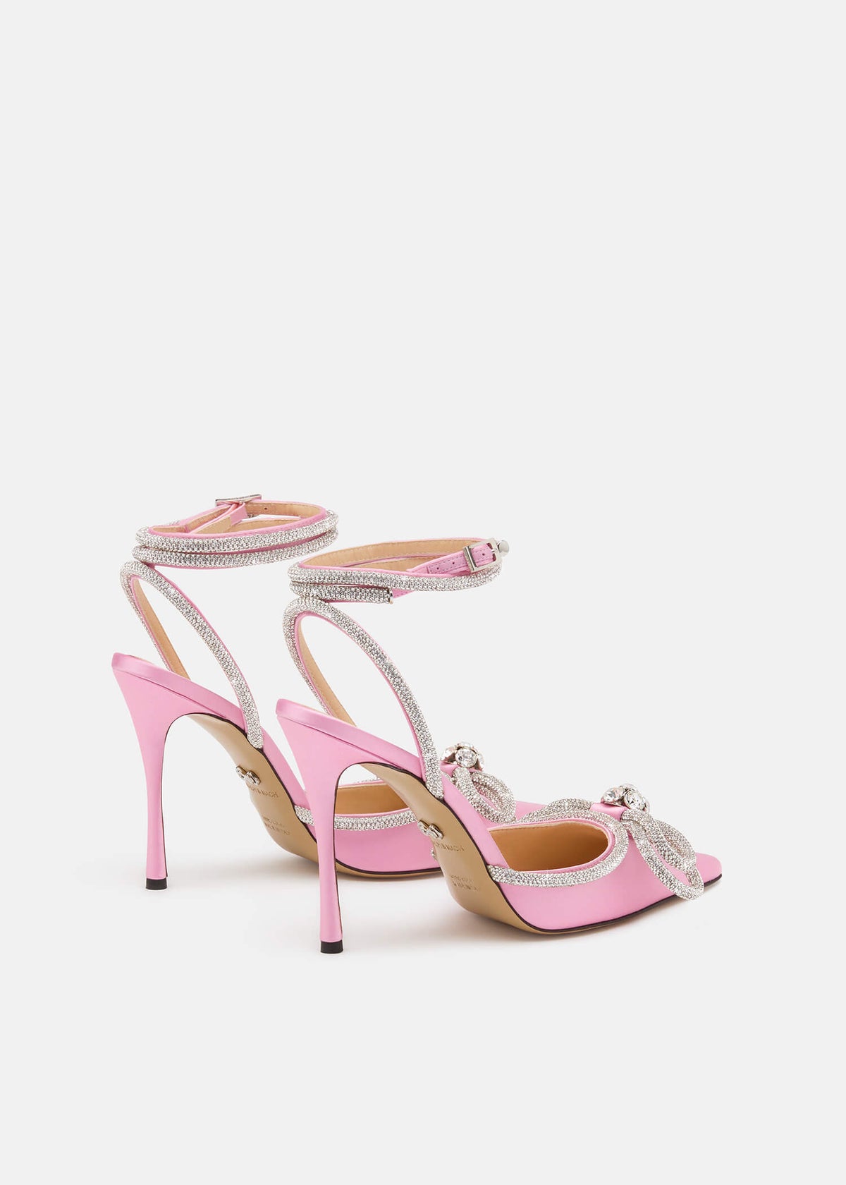 Elisa Pink Double Bow Pumps – heel view showing double bow, crystal, satin, pink, SimmiUnique