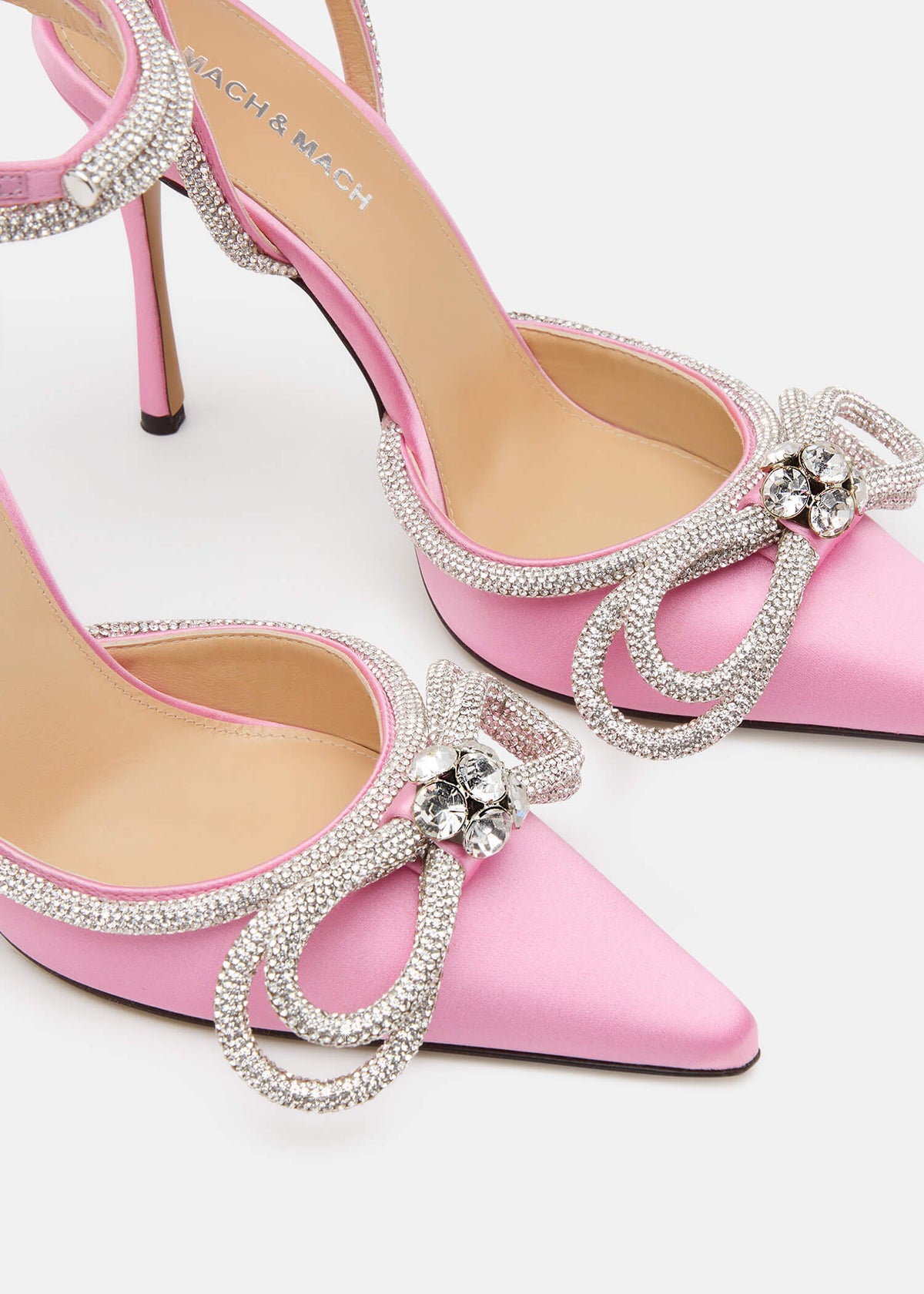 Elisa Pink Double Bow Pumps – top view showing double bow, crystal, satin, pink, SimmiUnique