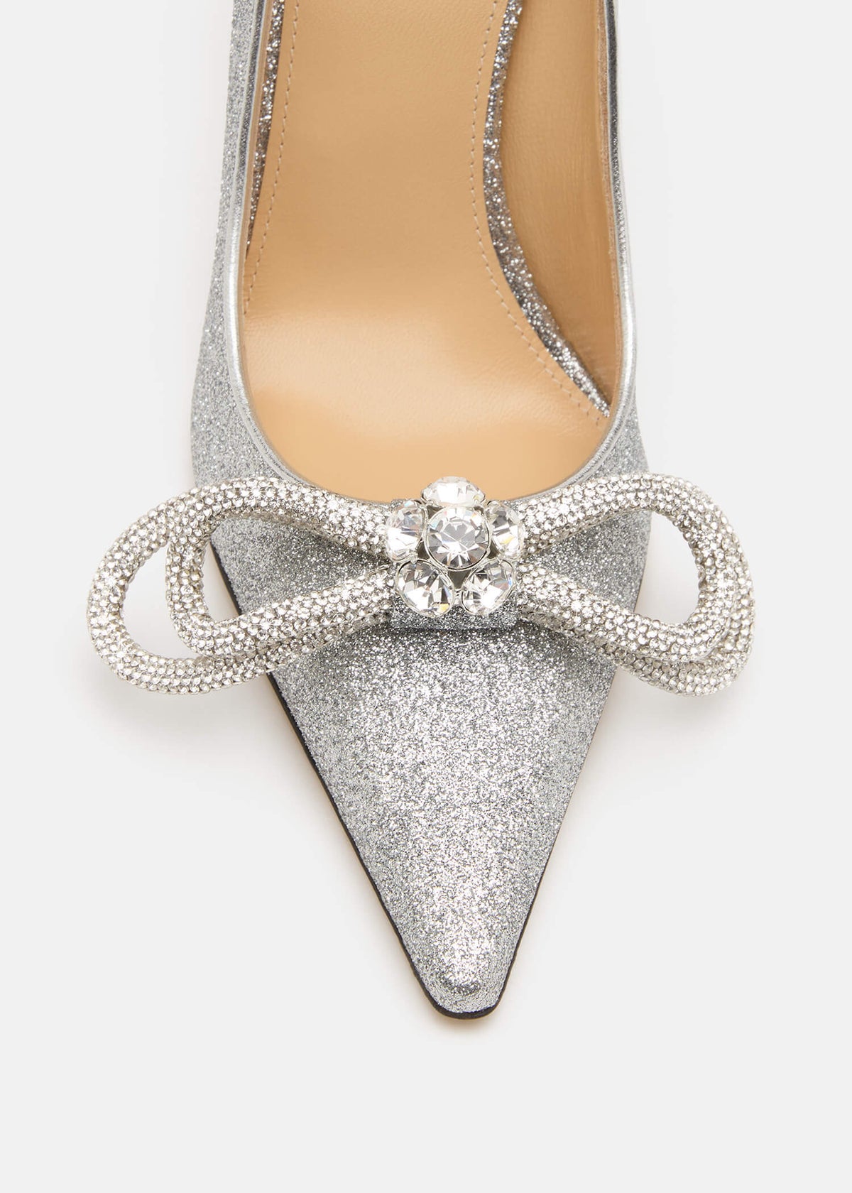 Adeline Silver Double Bow Pumps – rear view showing double bow, crystal, satin, glitter, SimmiUnique