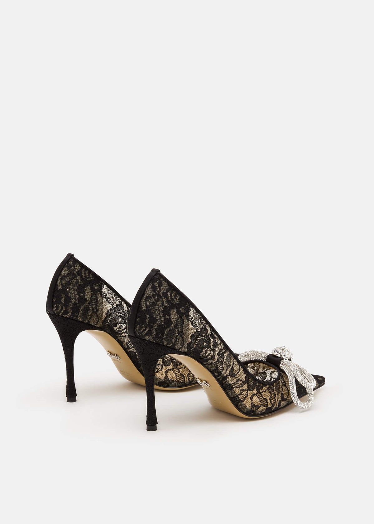 Zahara Black Double Bow Pumps – heel view showing double bow, crystal, lace, black, SimmiUnique