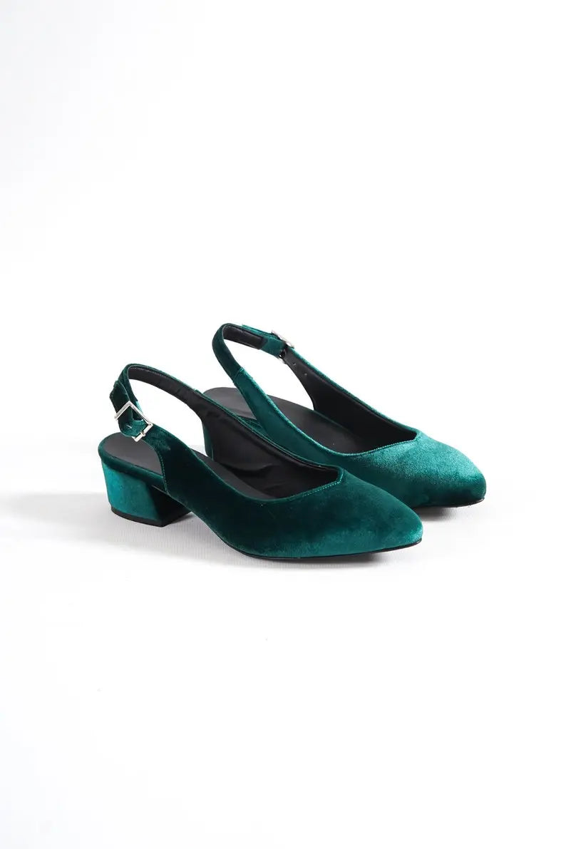 Green Boho Low Block Heels – detail shot