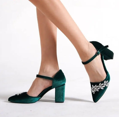 Green High Heels, Green Velvet Rhinestone Shoes Sample Product