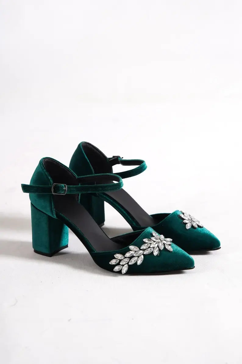 Green High Heels, Green Velvet Rhinestone Shoes Sample Product