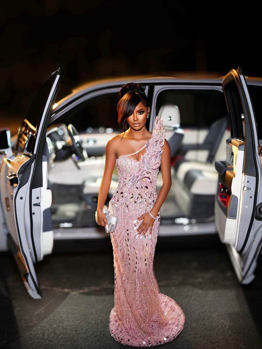 Pink Crystal One-Shoulder Corset Dress with Sculpted Fit