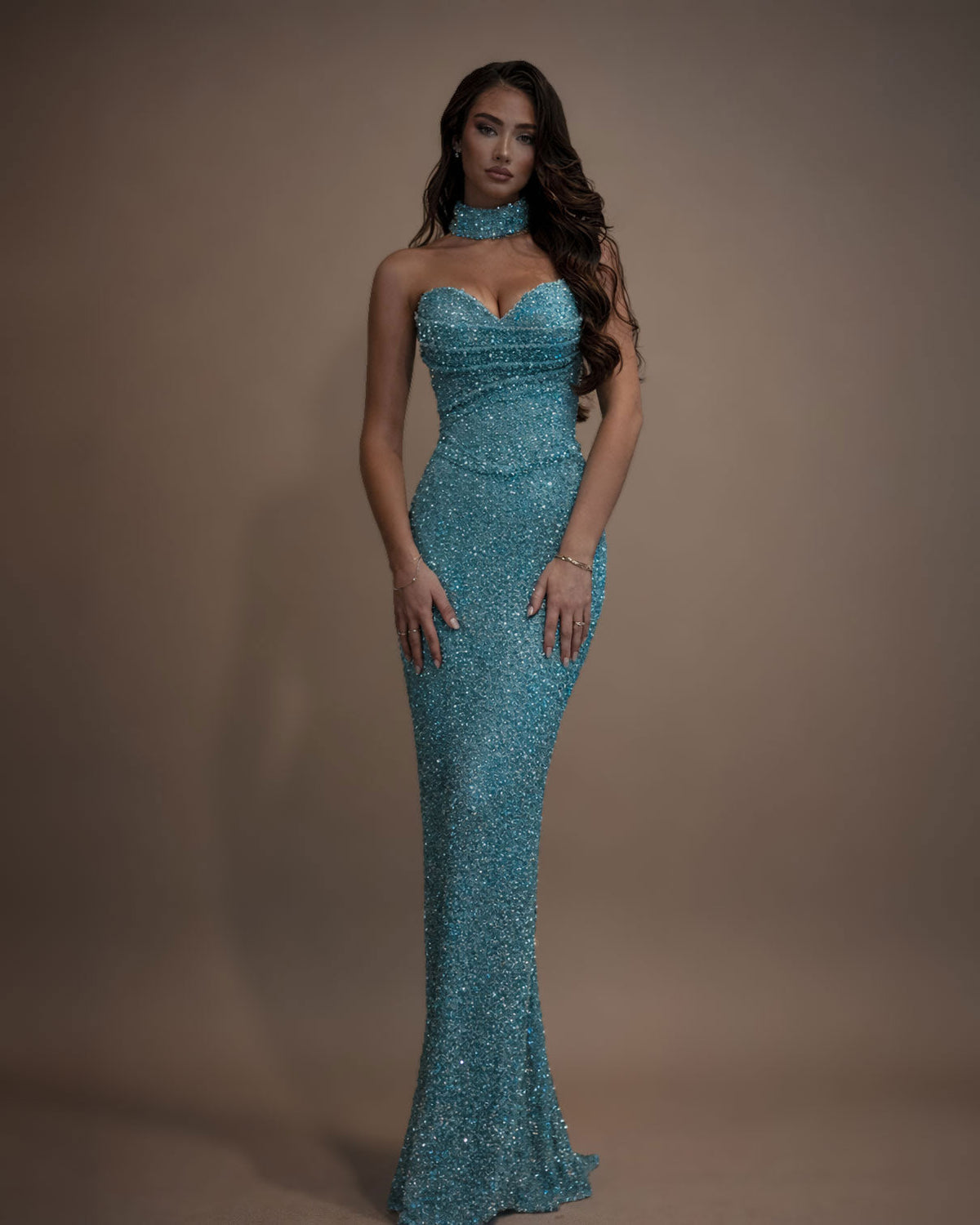 Teal Crystal Strapless Evening Gown with Choker Neck - SimmiUnique
