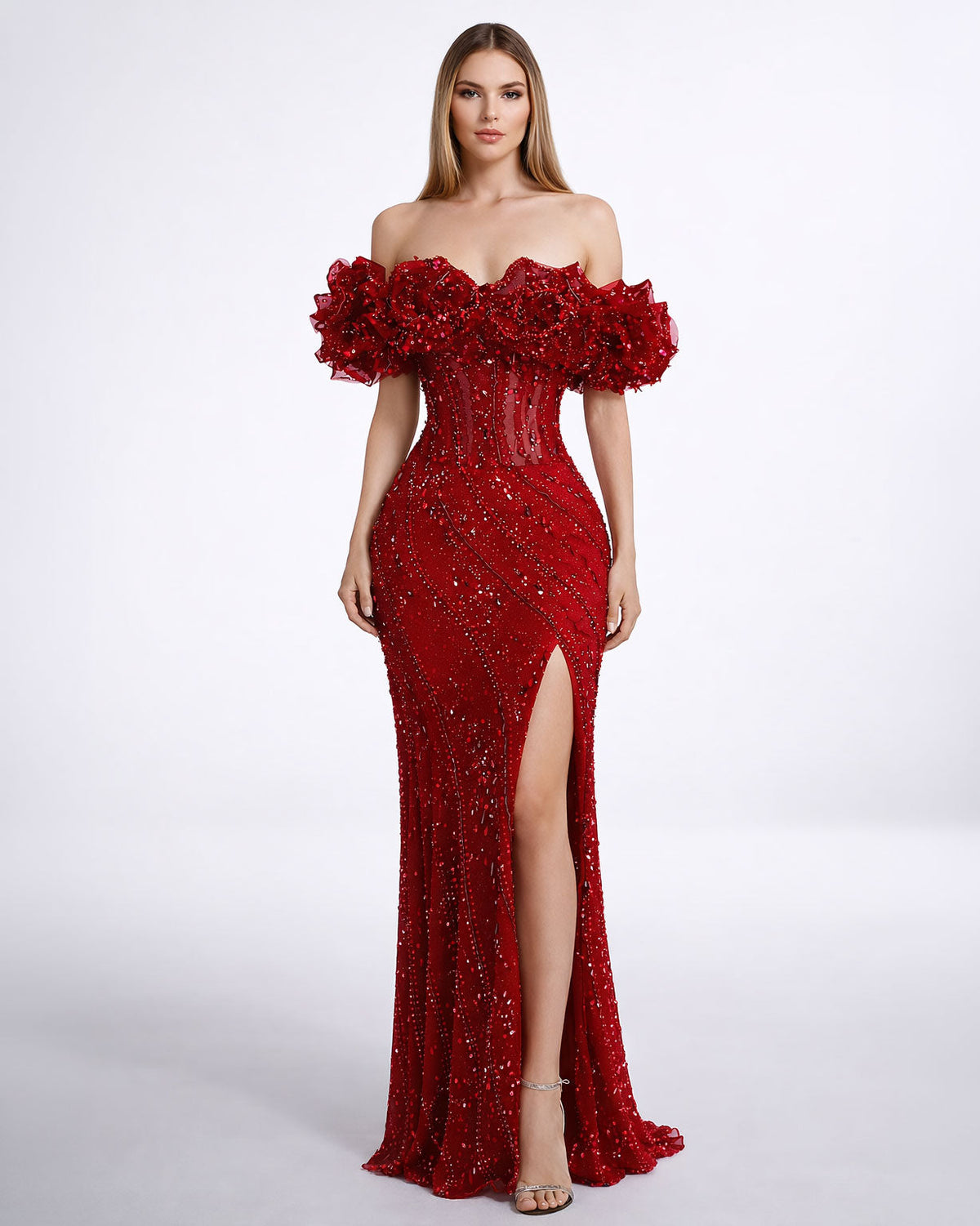 Red Off-Shoulder Embellished Evening Gown with Slit - SimmiUnique
