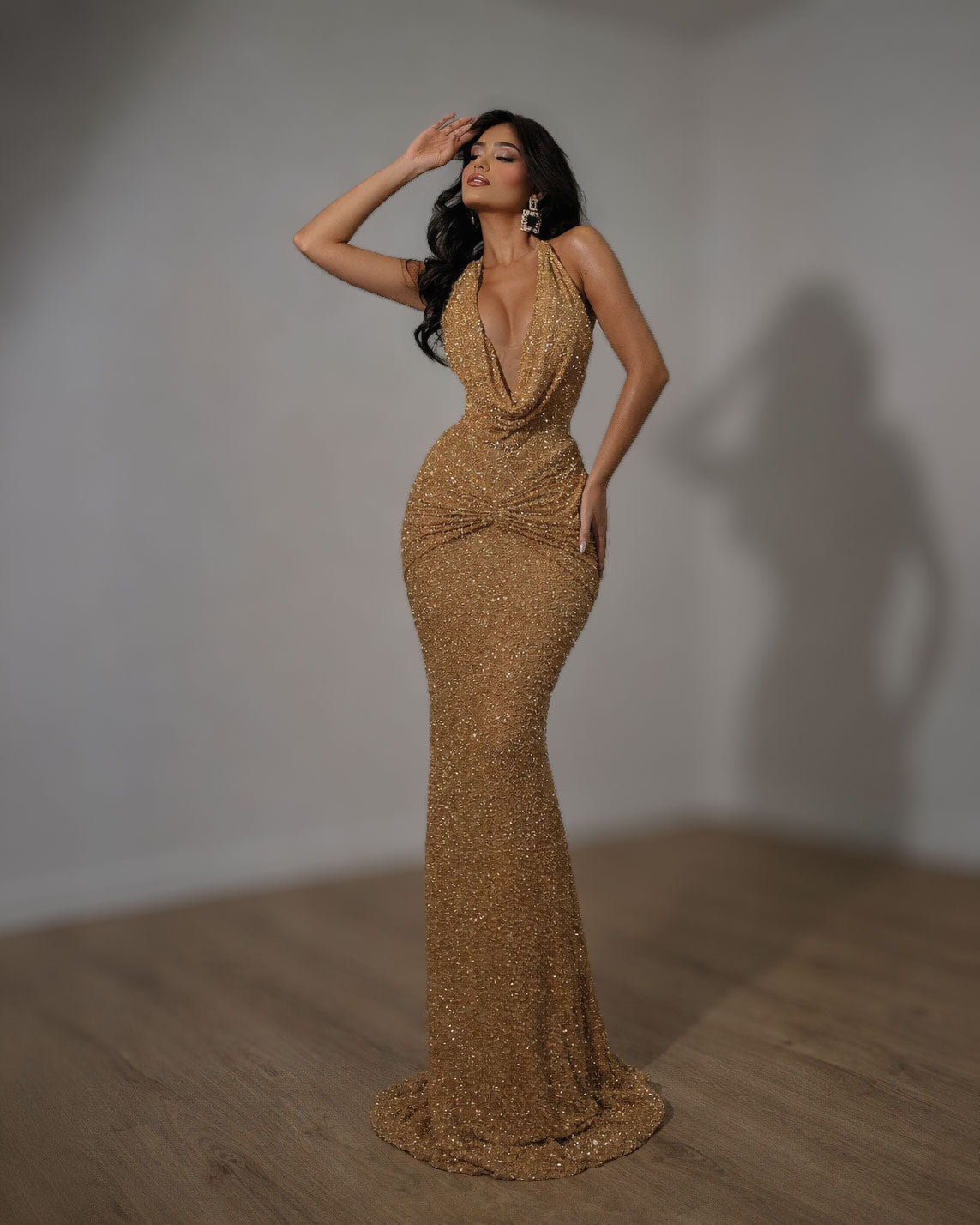 Gold Glitter Plunge Halter Evening Gown with Draped Waist - SimmiUnique