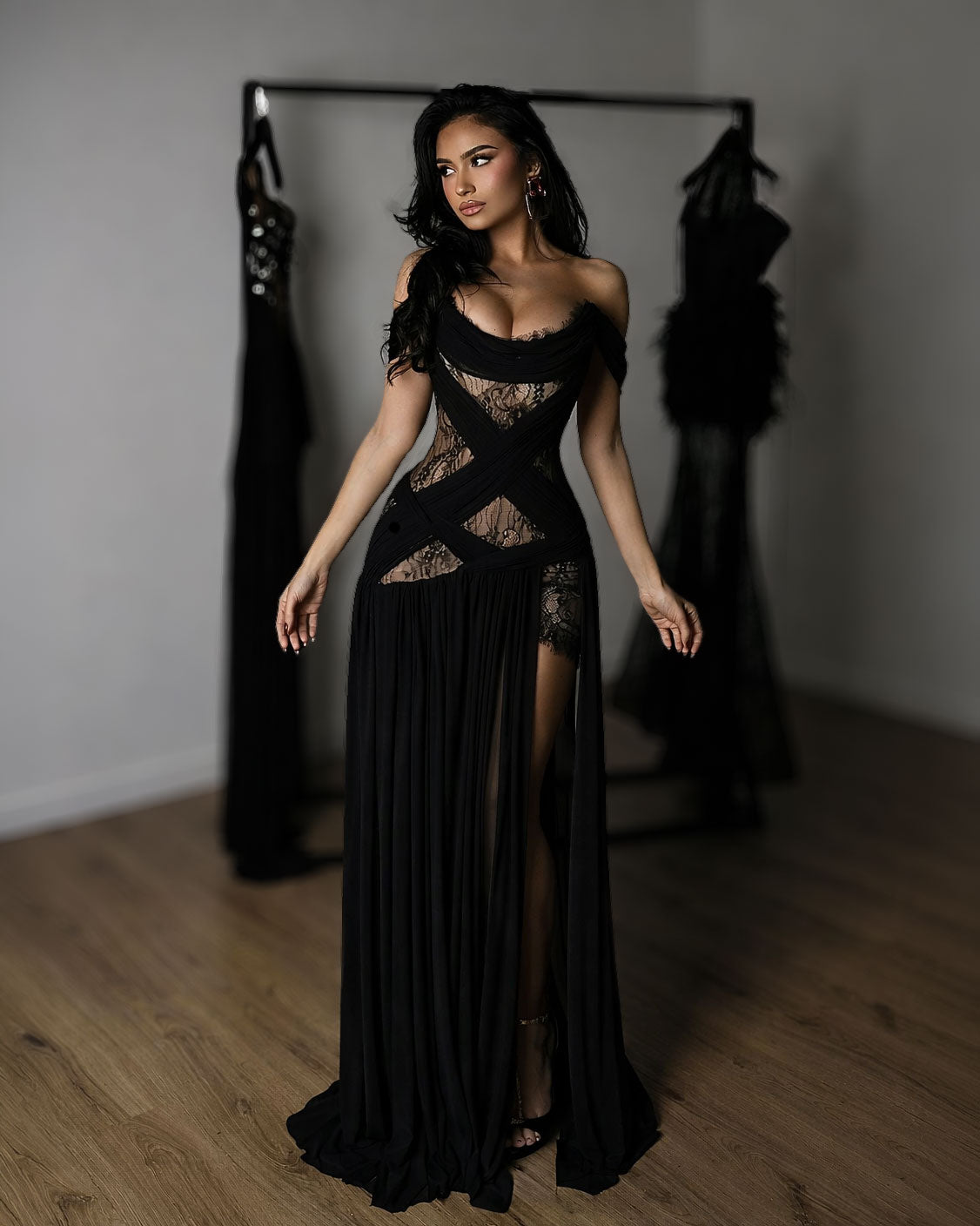 Black Lace Corset Evening Gown with Sheer Panels and High Slit - SimmiUnique