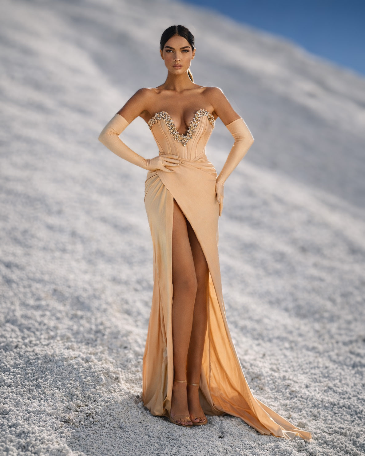 Champagne Crystal Corset Gown with Draped Skirt, Gloves and High Slit - SimmiUnique