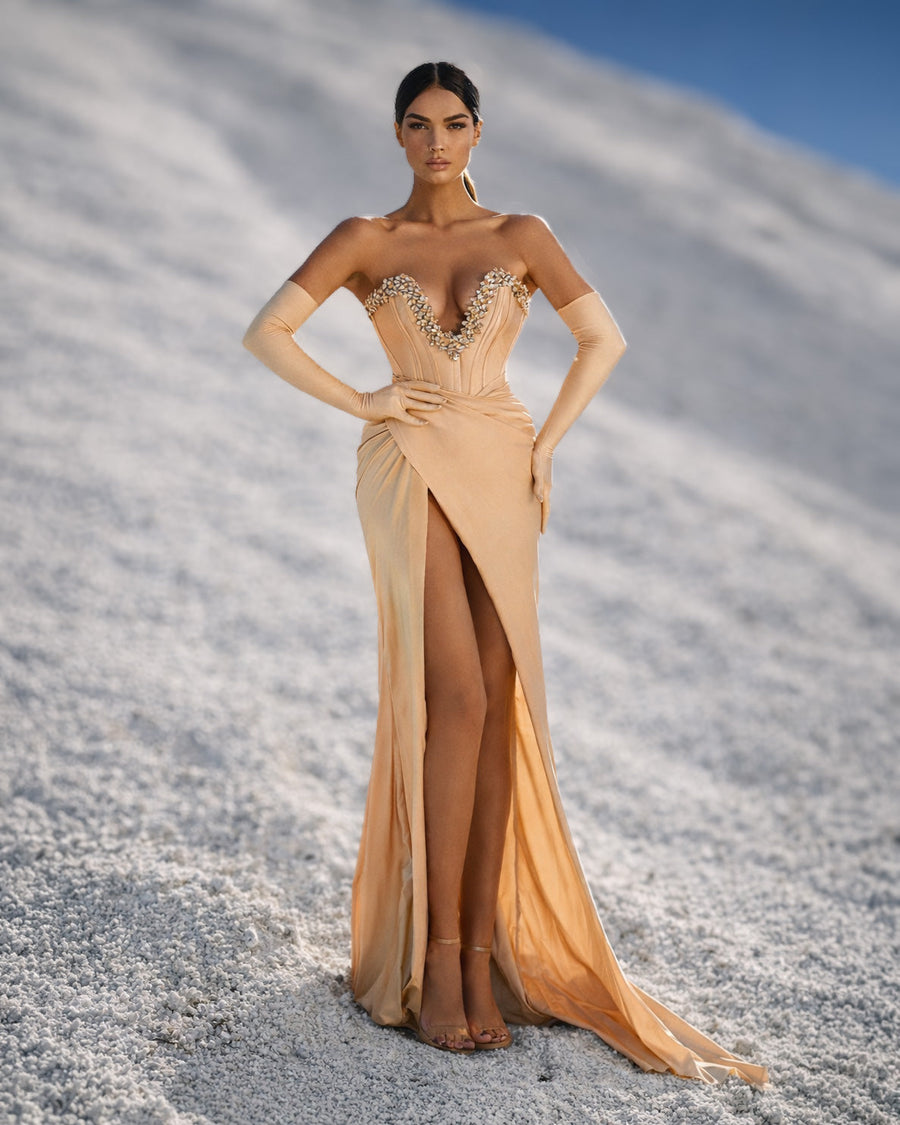 Champagne Crystal Corset Gown with Draped Skirt, Gloves and High Slit