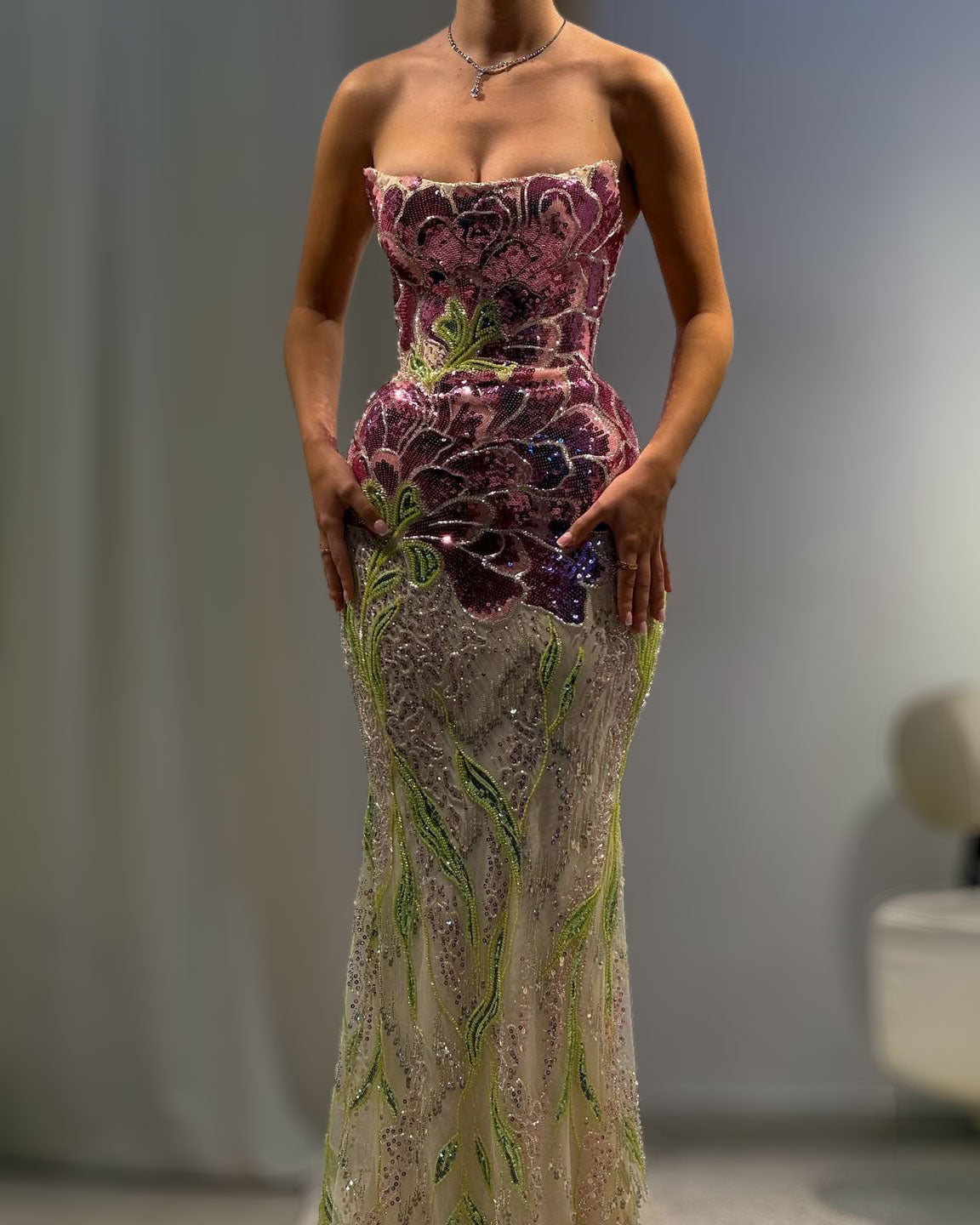 Strapless Floral Crystal Mermaid Gown - SimmiUnique