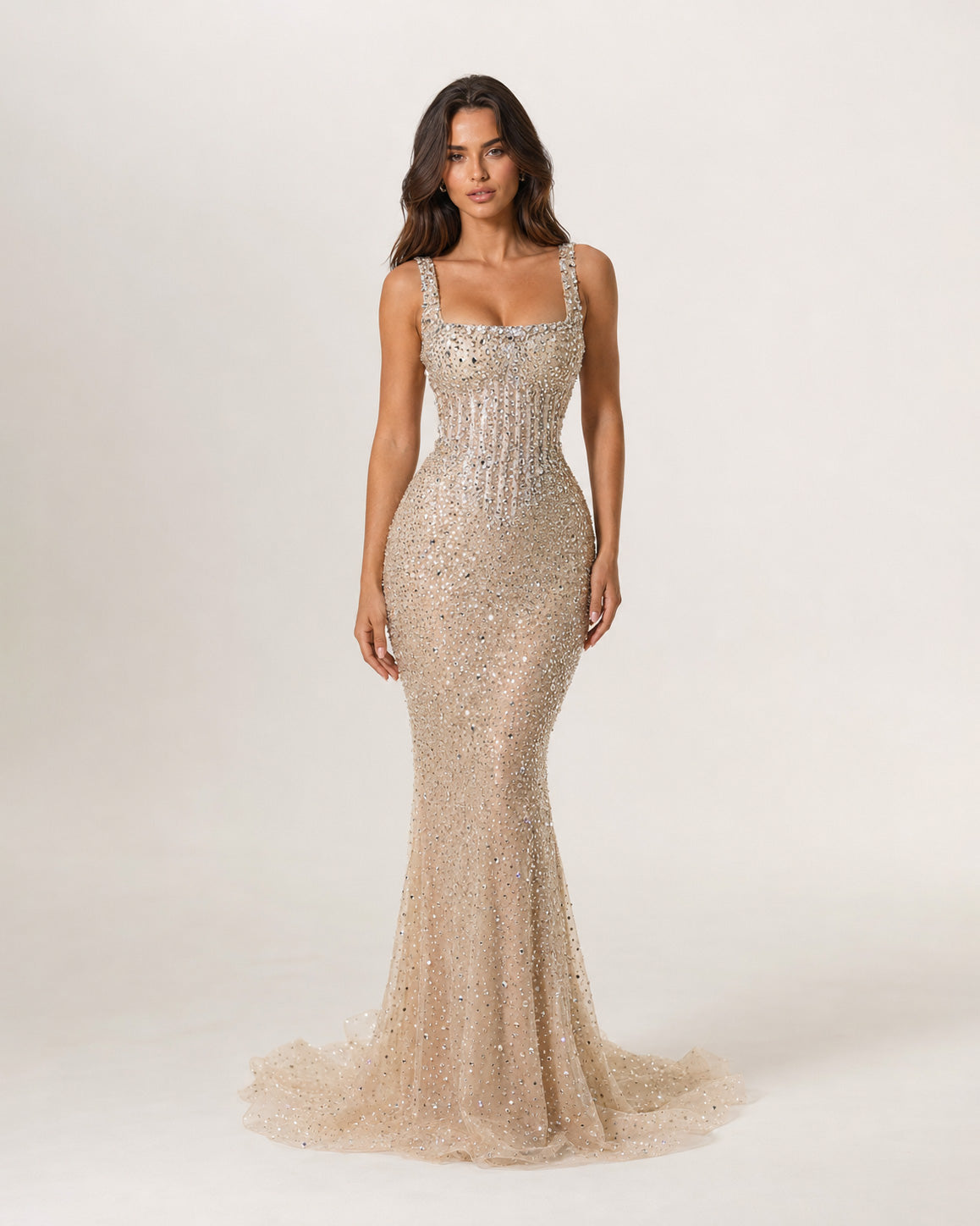 Champagne Crystal Beaded Corset Mermaid Gown - SimmiUnique