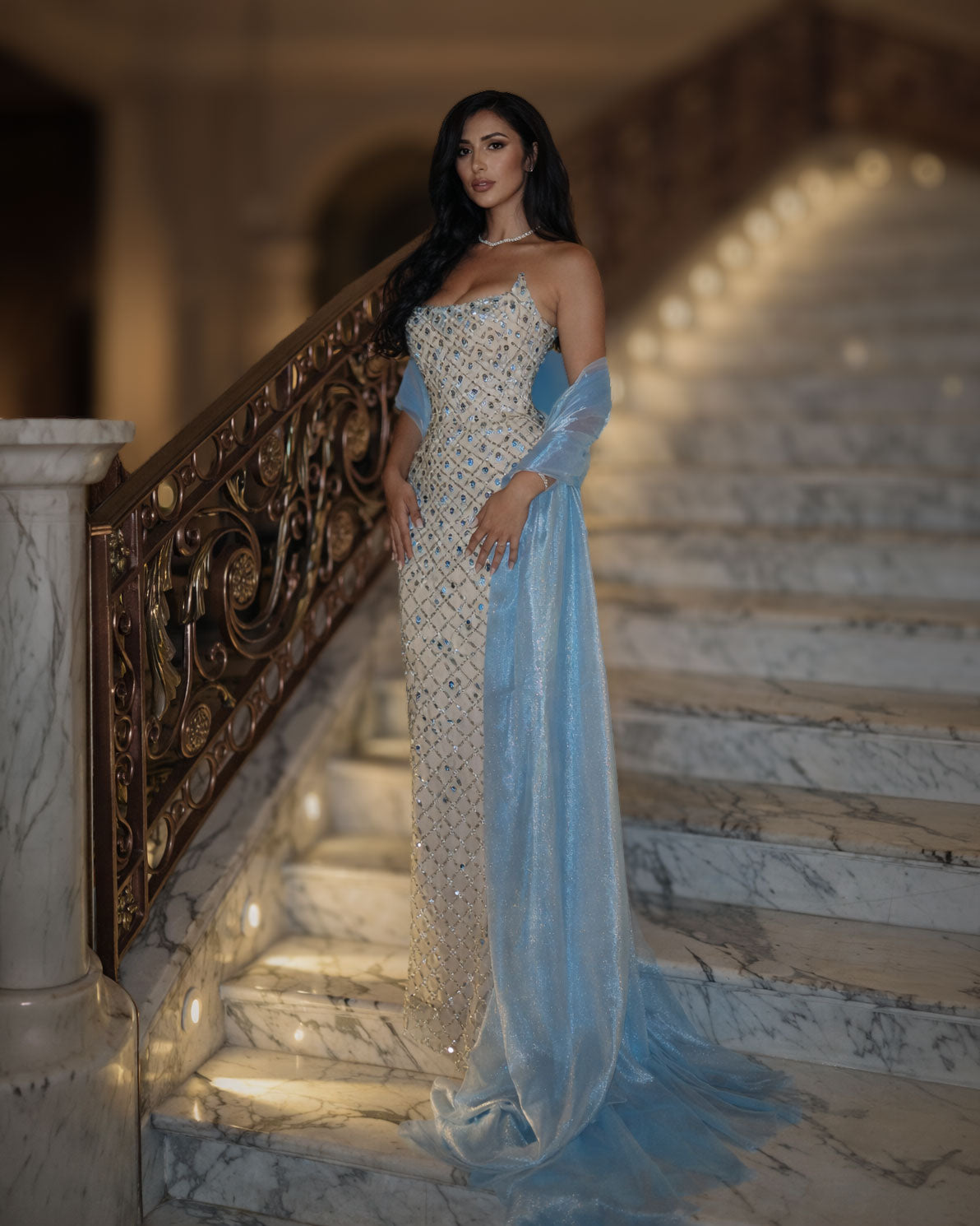 Champagne Crystal Corset Gown with Blue Sheer Drape Train - SimmiUnique