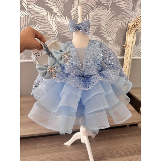 Luxury Flower Blue Girl Dresses Scoop Neck Puffy Girl Dresses for Party Wedding Short Sleeve Tulle Sequined cemrestore