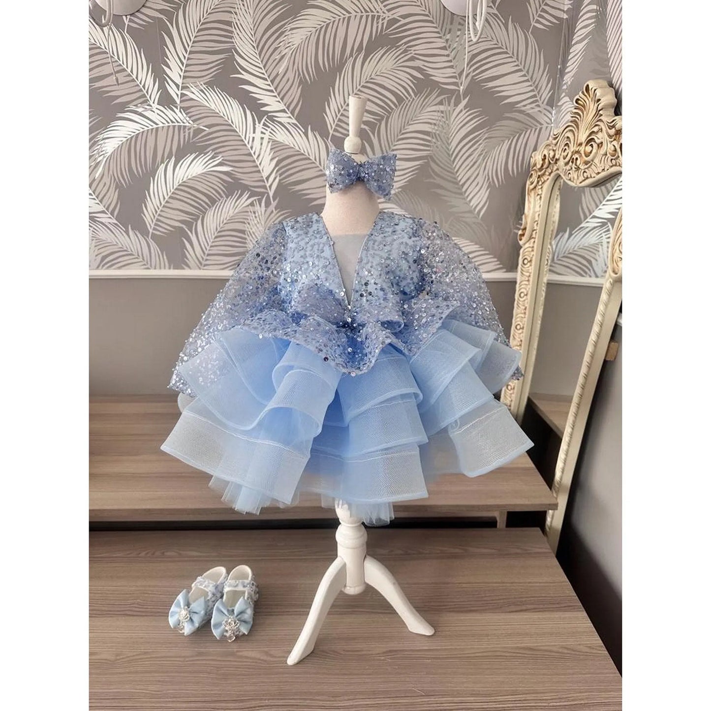 Luxury Flower Blue Girl Dresses Scoop Neck Puffy Girl Dresses for Party Wedding Short Sleeve Tulle Sequined cemrestore