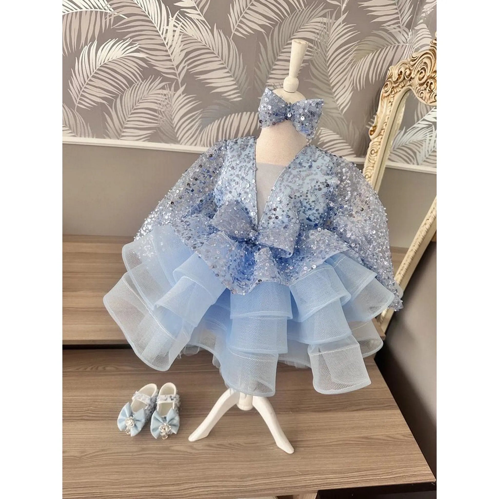 Luxury Flower Blue Girl Dresses Scoop Neck Puffy Girl Dresses for Party Wedding Short Sleeve Tulle Sequined cemrestore