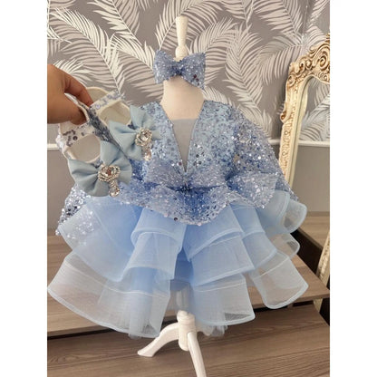 Luxury Flower Blue Girl Dresses Scoop Neck Puffy Girl Dresses for Party Wedding Short Sleeve Tulle Sequined cemrestore