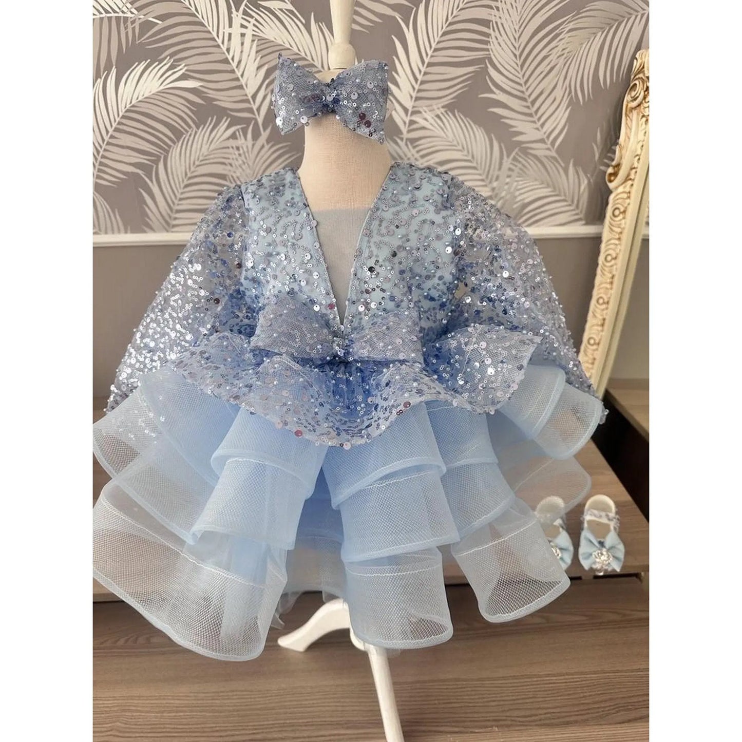 Luxury Flower Blue Girl Dresses Scoop Neck Puffy Girl Dresses for Party Wedding Short Sleeve Tulle Sequined cemrestore