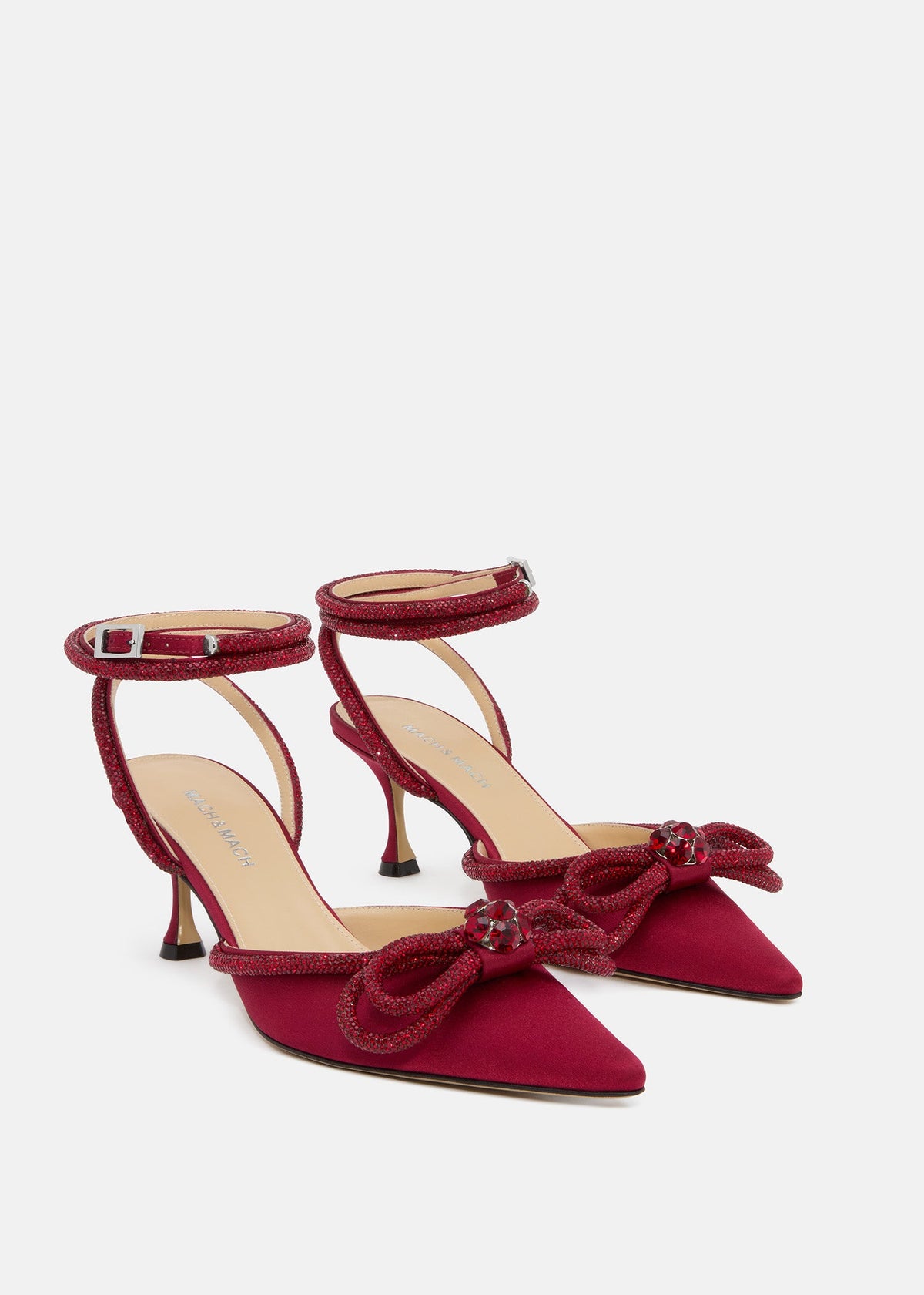 Aveline Bordeaux Double Bow Shoes – side profile showing double bow, crystal, satin, SimmiUnique