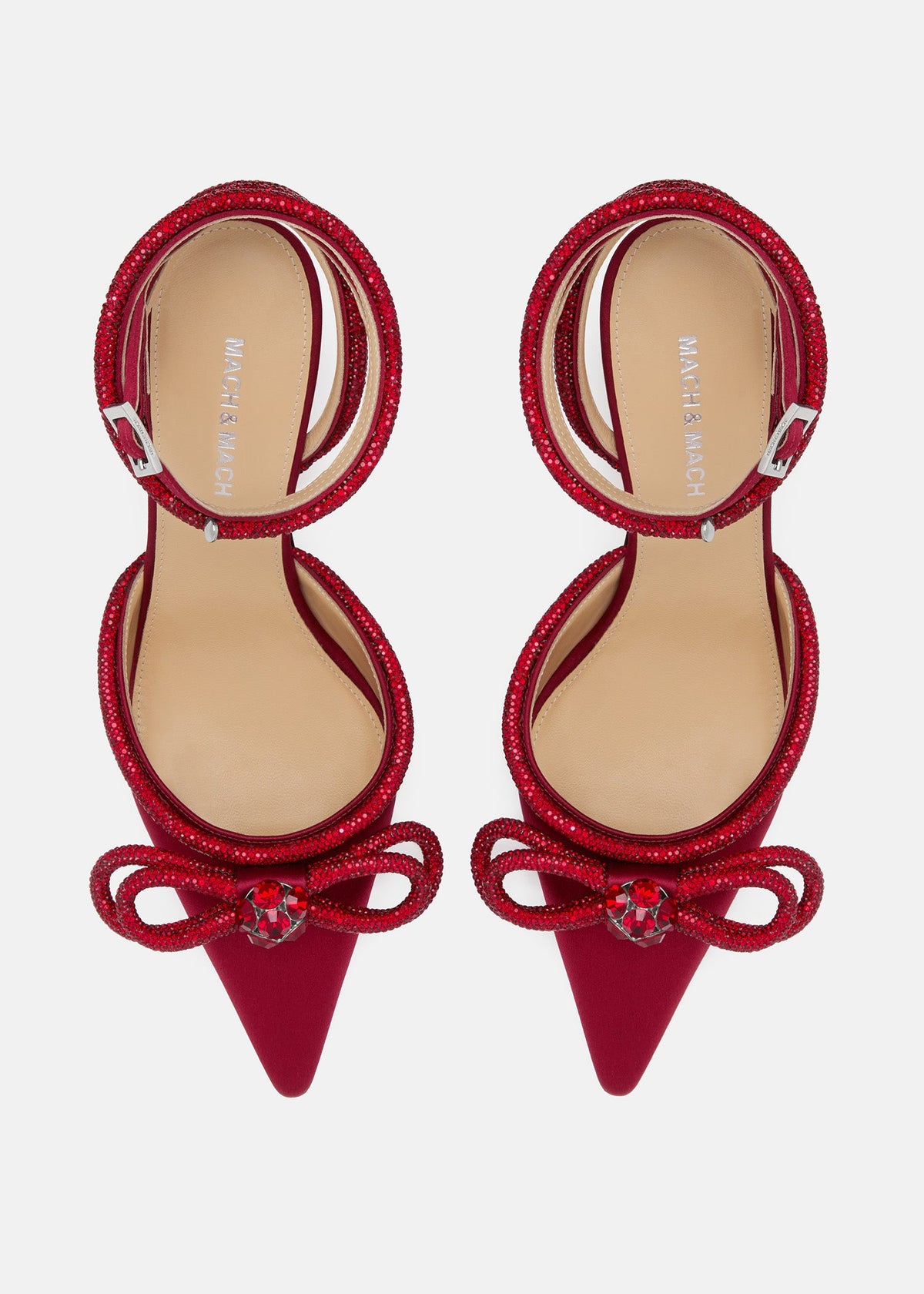 Aveline Bordeaux Double Bow Shoes – crystal detail view showing double bow, crystal, satin, SimmiUnique