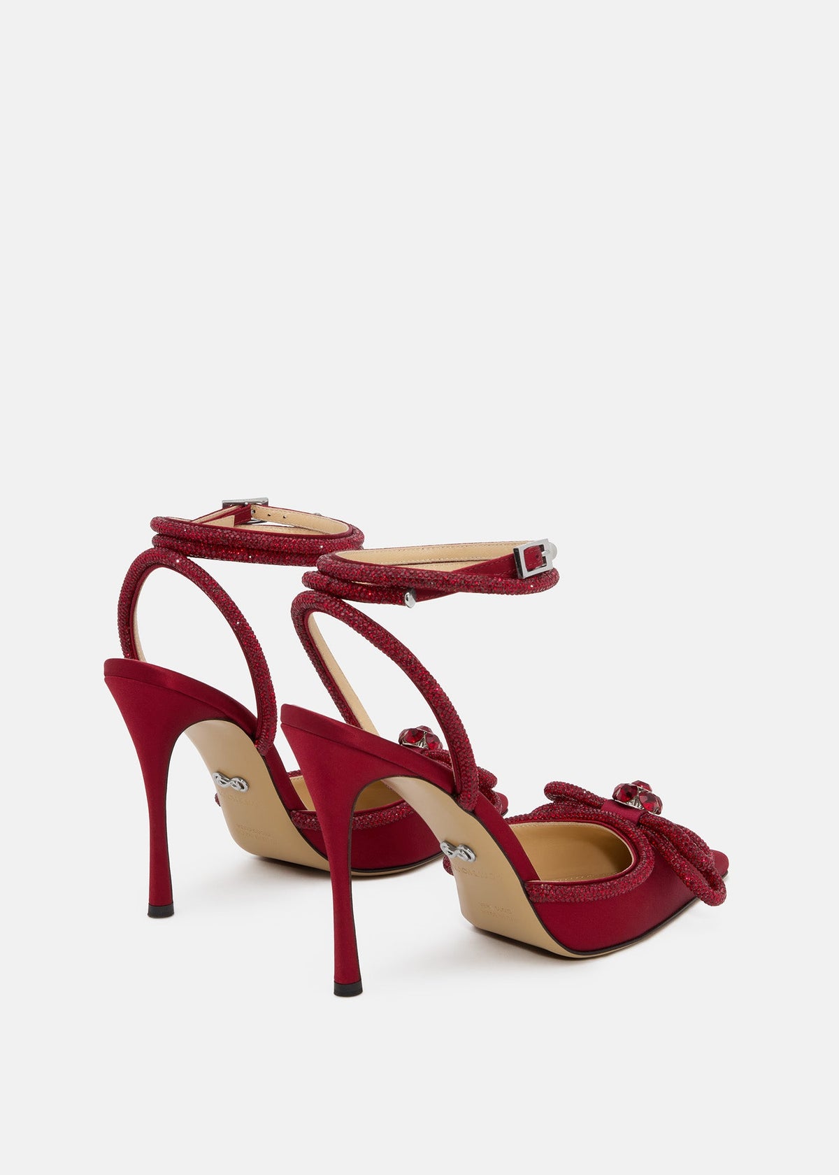 Florence Bordeaux Double Bow Shoes – heel view showing double bow, crystal, satin, SimmiUnique