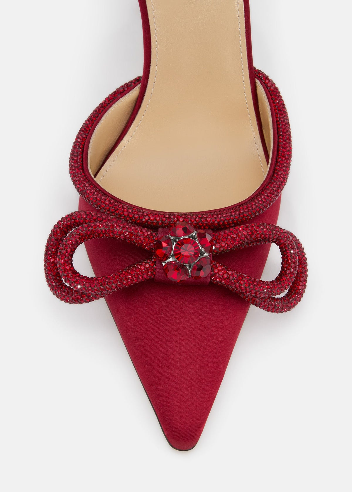 Florence Bordeaux Double Bow Shoes – rear view showing double bow, crystal, satin, SimmiUnique