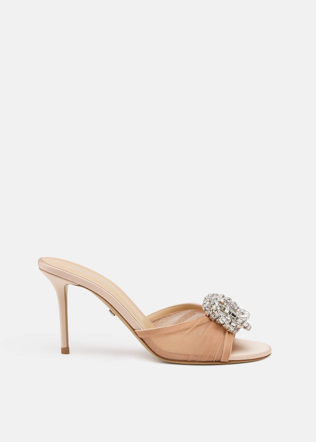 Paloma Nude Crystal Mules – front three-quarter view showing crystal, tulle, red, nude, SimmiUnique