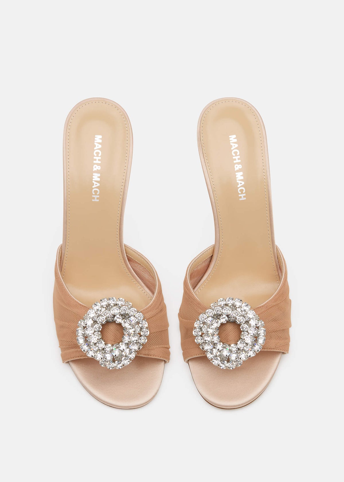Paloma Nude Crystal Mules – crystal detail view showing crystal, tulle, red, nude, SimmiUnique