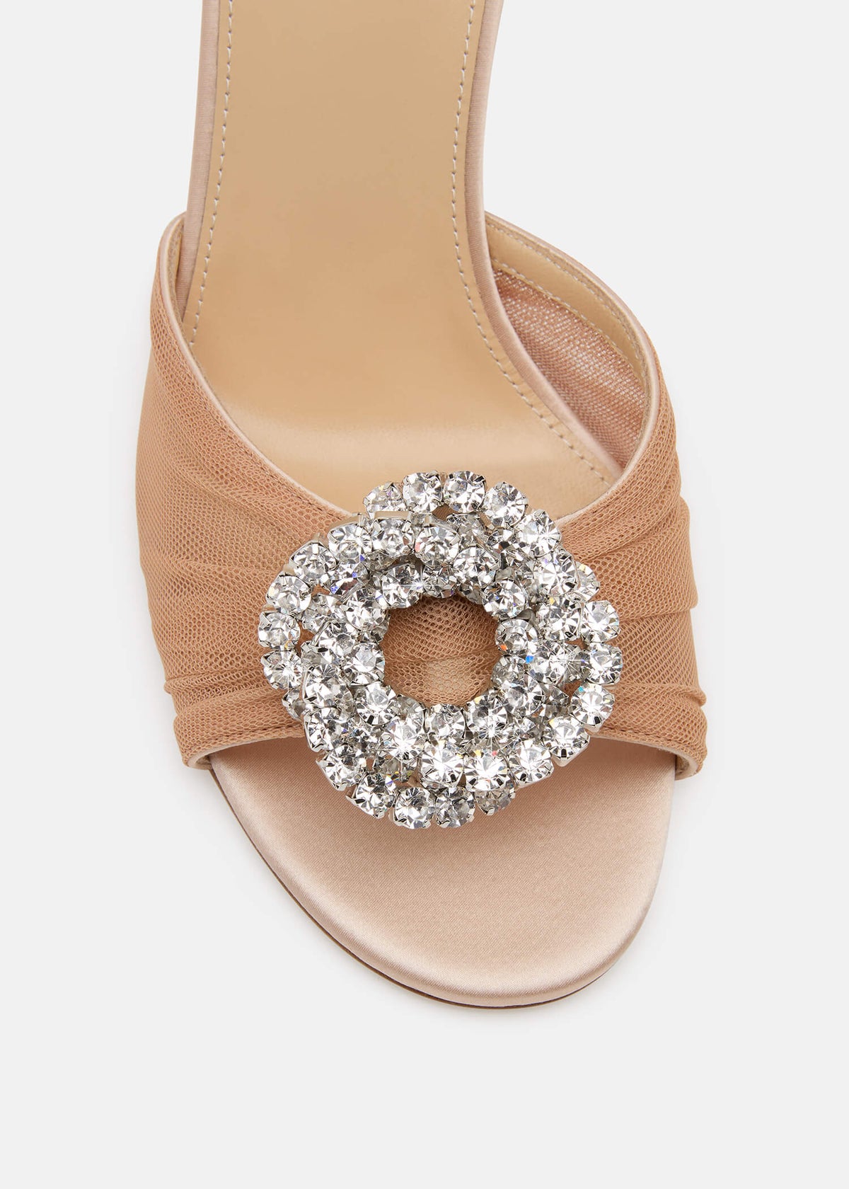 Paloma Nude Crystal Mules – rear view showing crystal, tulle, red, nude, SimmiUnique