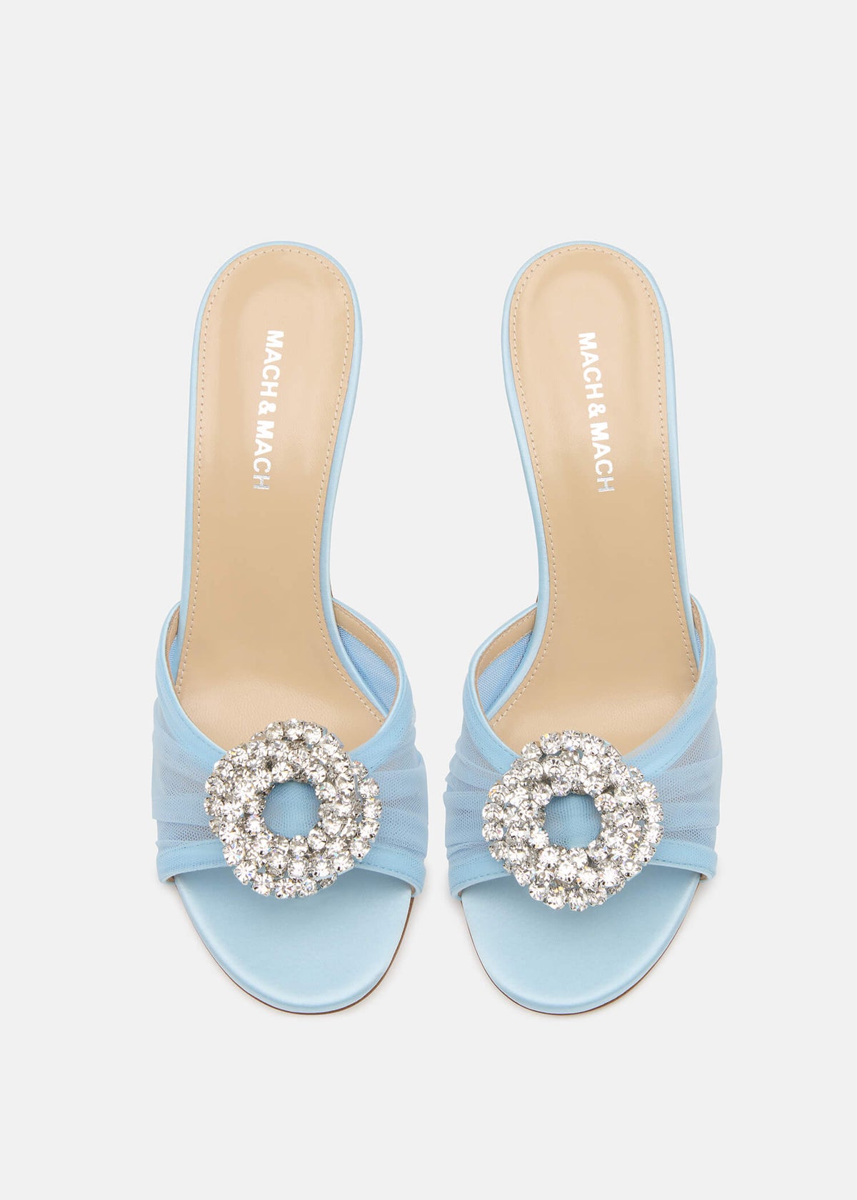 Renata Blue Crystal Mules – crystal detail view showing crystal, tulle, red, nude, SimmiUnique