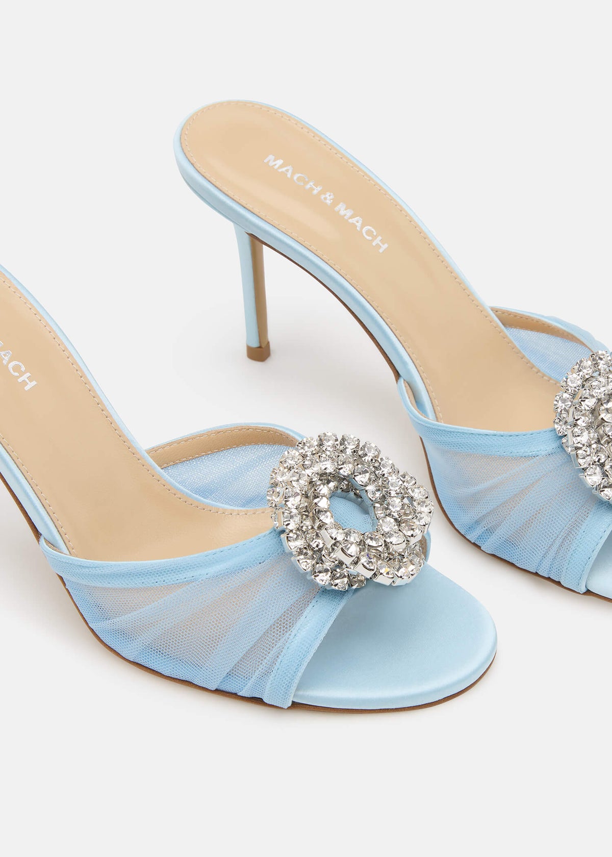 Renata Blue Crystal Mules – top view showing crystal, tulle, red, nude, SimmiUnique