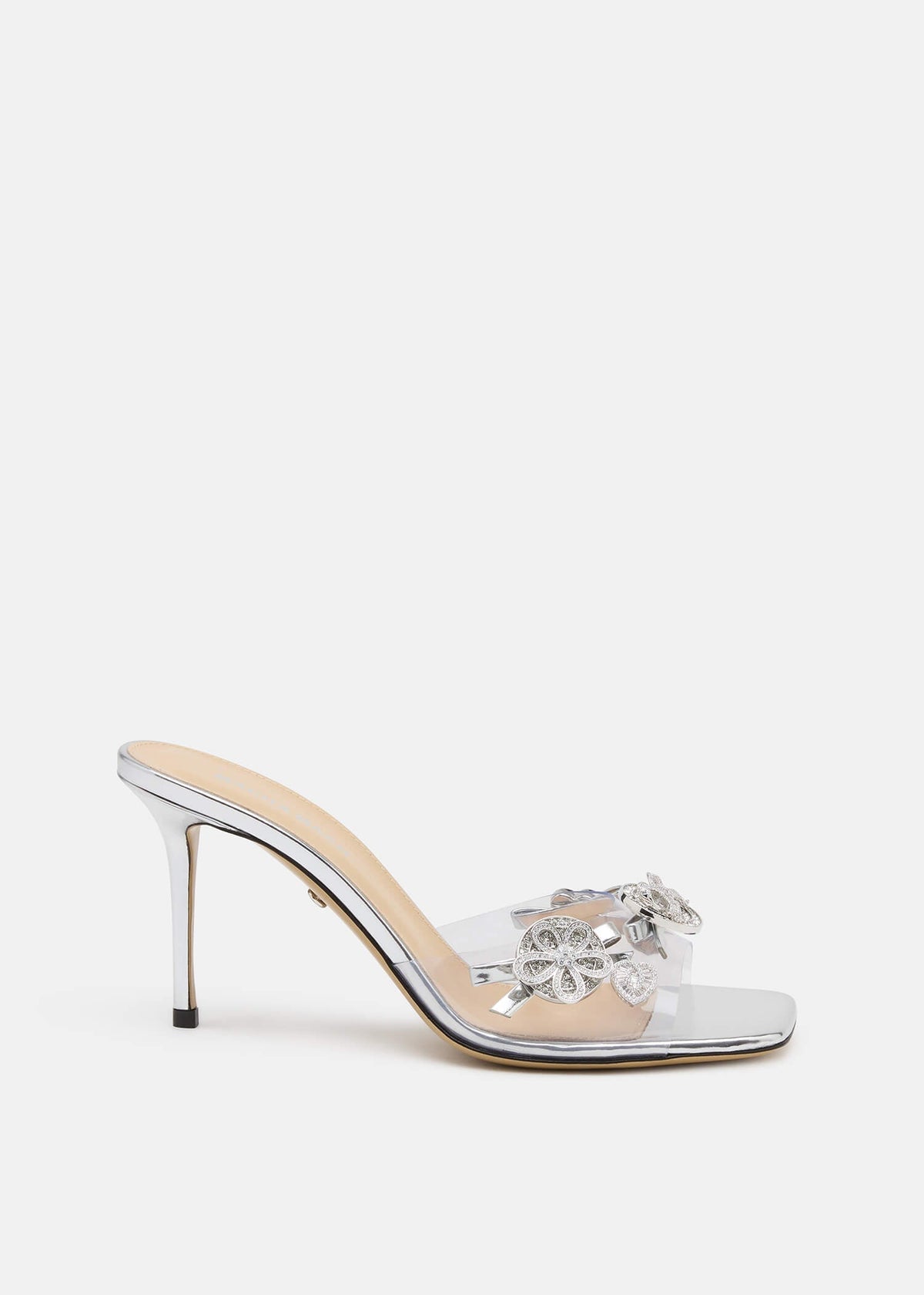 Helena Silver Crystal Mules – front three-quarter view showing crystal, SimmiUnique