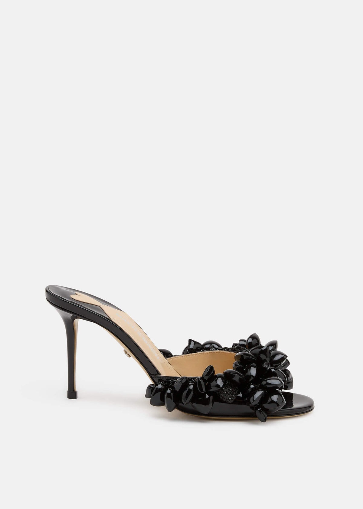 Madeleine Black Patent Leather Mules – front three-quarter view showing patent leather, metallic, black, red, SimmiUnique
