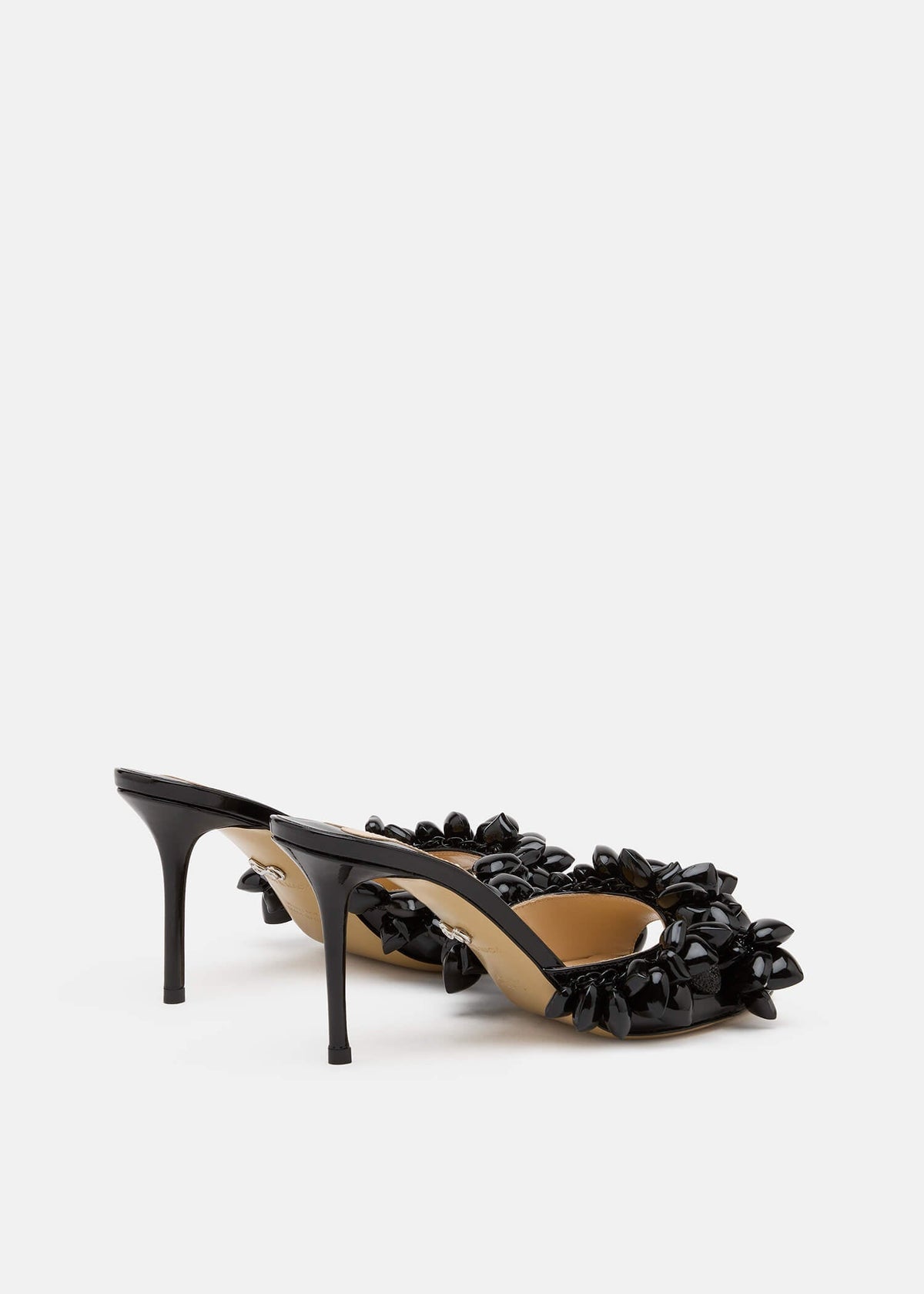 Madeleine Black Patent Leather Mules – heel view showing patent leather, metallic, black, red, SimmiUnique