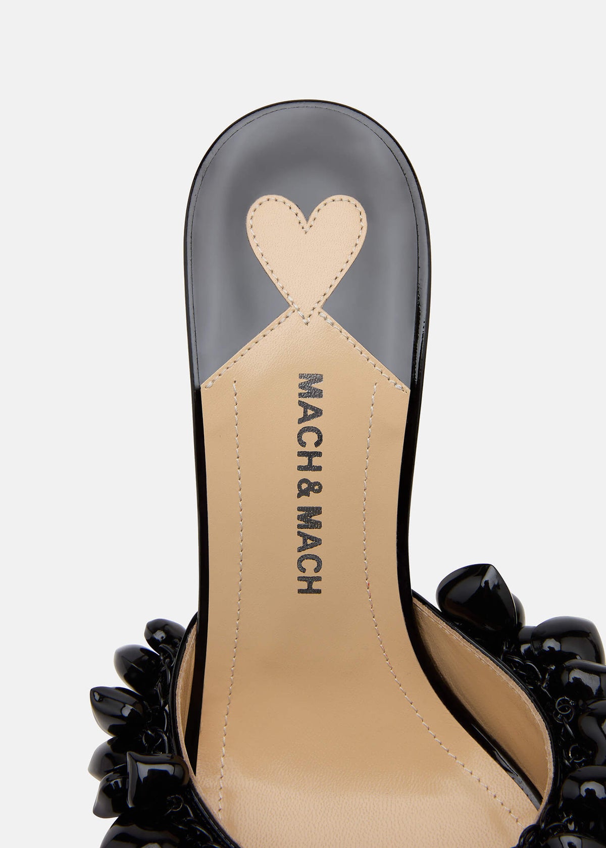 Madeleine Black Patent Leather Mules – rear view showing patent leather, metallic, black, red, SimmiUnique