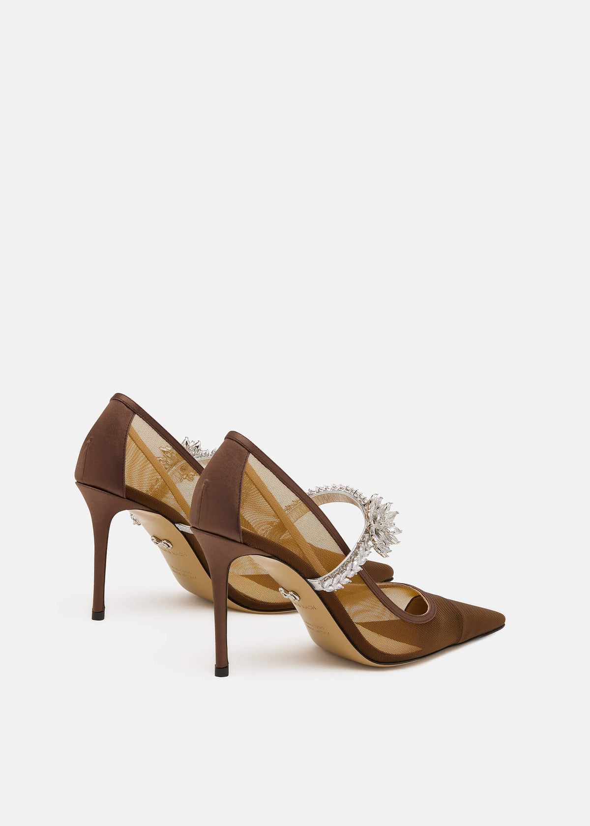 Sylvie Brown Lotus Flower Pumps – heel view showing lotus flower, crystal, mesh, metallic, SimmiUnique