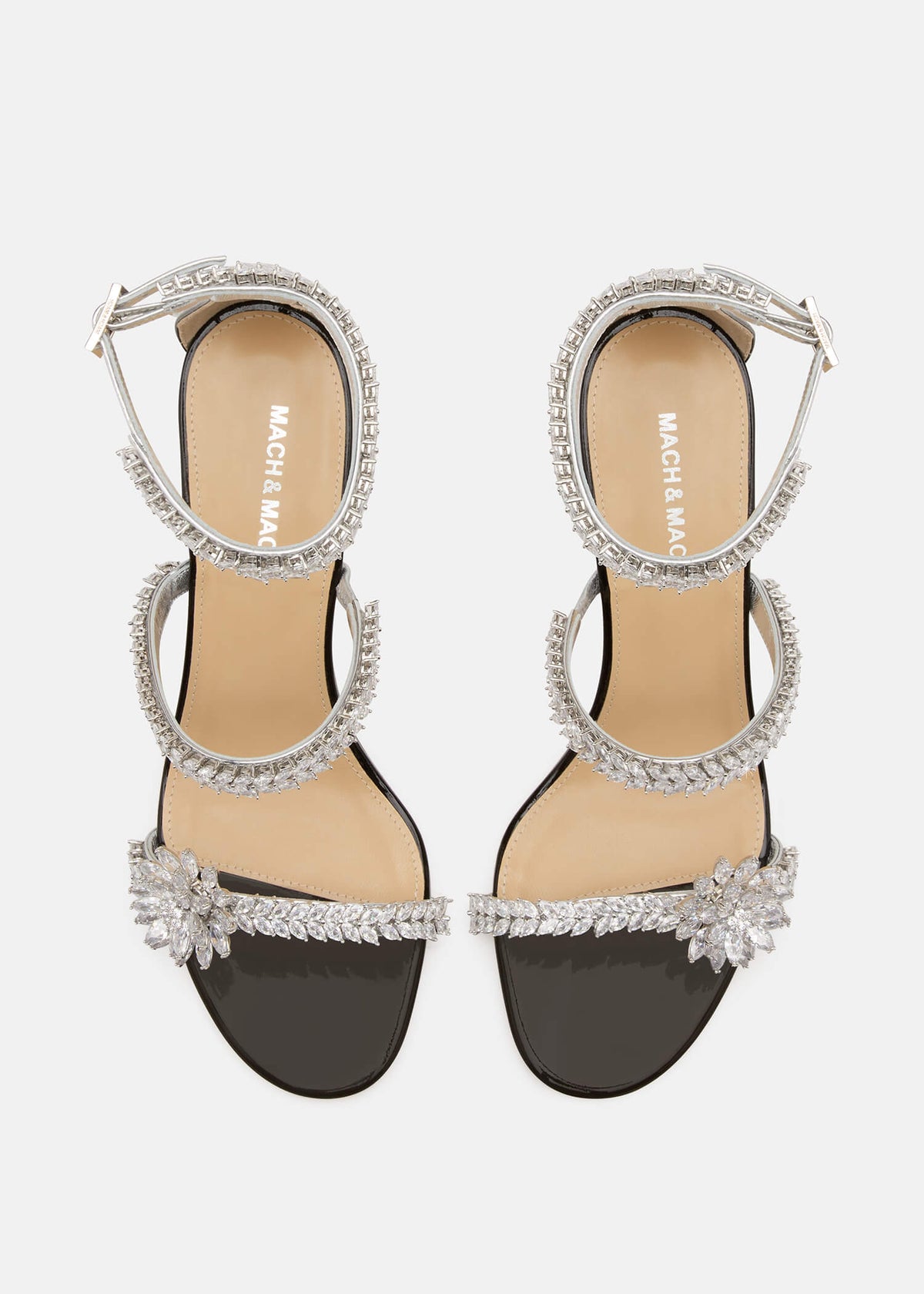 Ravella Black Lotus Flower Sandals – crystal detail view showing lotus flower, crystal, patent leather, black, SimmiUnique