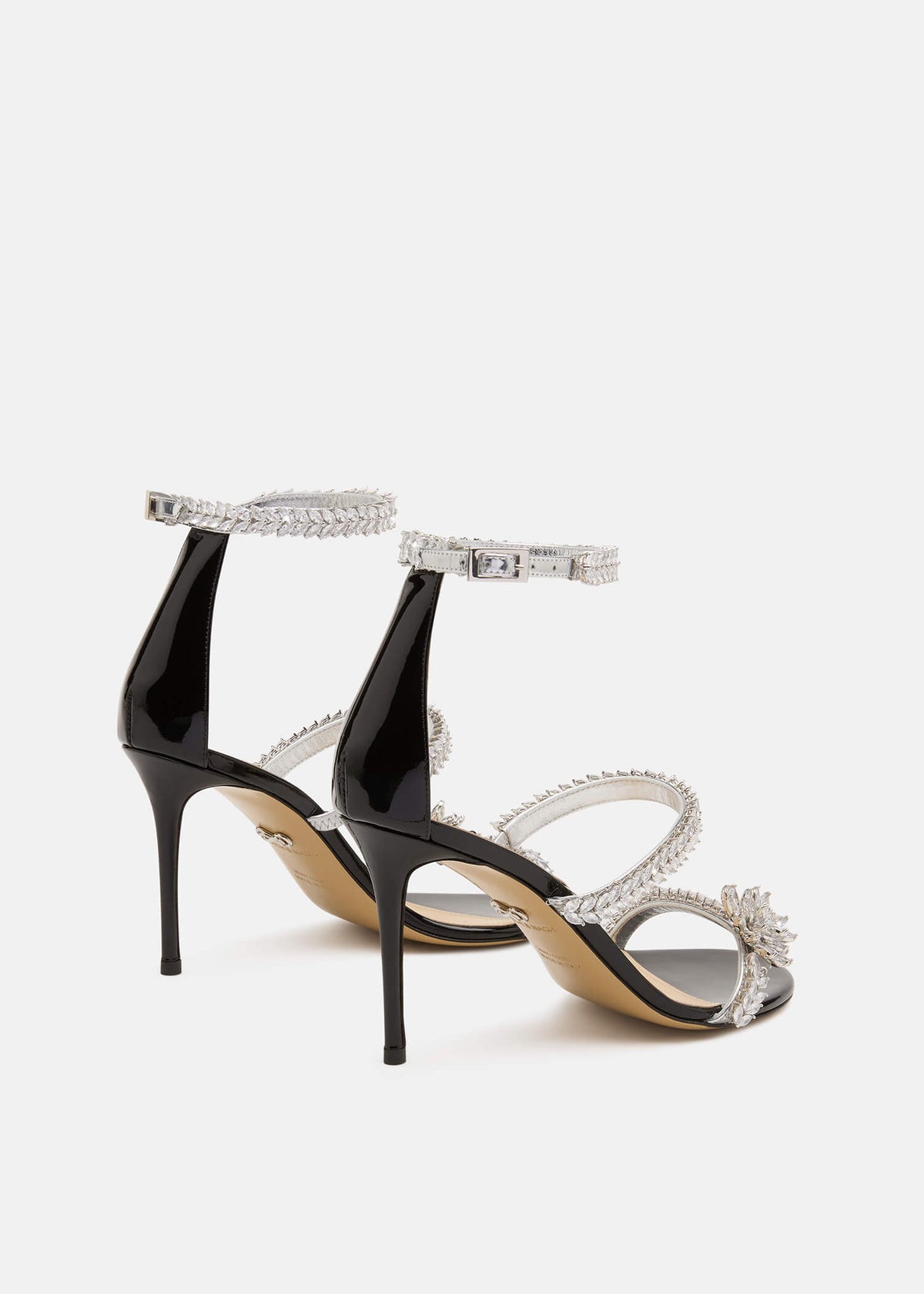 Ravella Black Lotus Flower Sandals – heel view showing lotus flower, crystal, patent leather, black, SimmiUnique