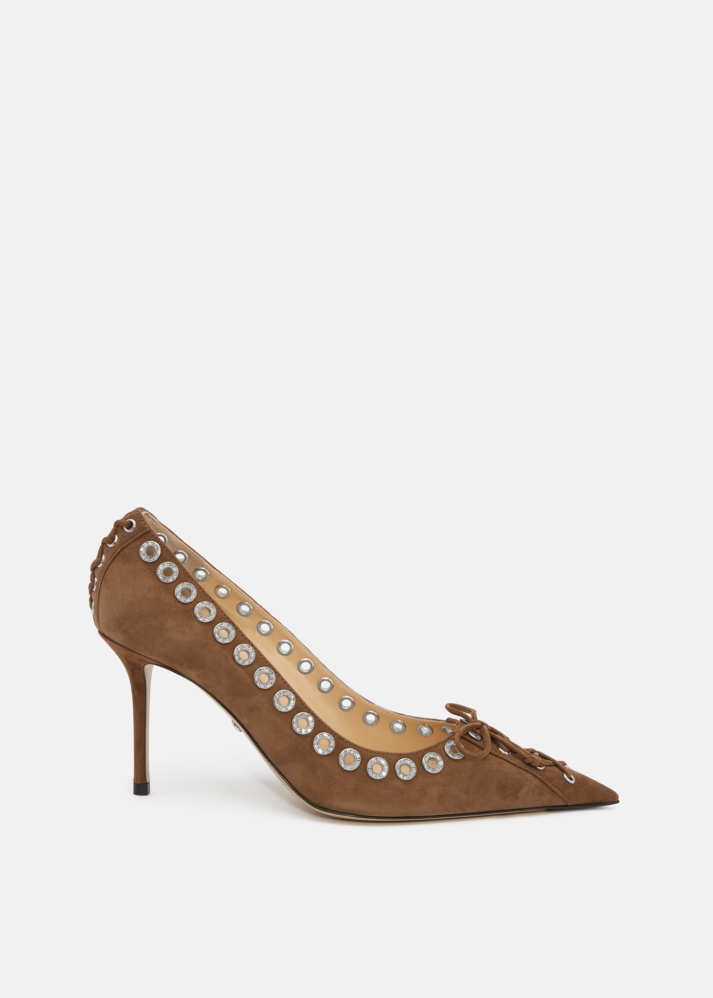 Lisette Dark Brown Crystal Pumps – front three-quarter view showing crystal, suede, brown, SimmiUnique