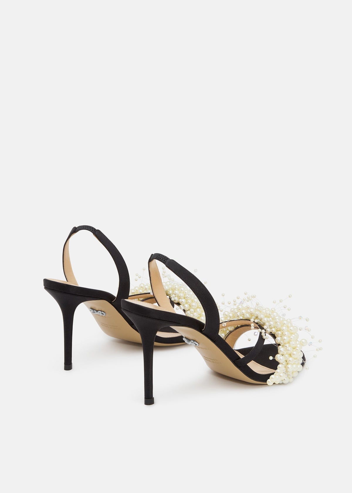 Callista Black Floating Pearl Sandals – heel view showing floating pearl, satin, white, black, SimmiUnique